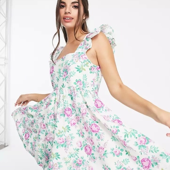 ASOS DESIGN square neck ruffle smock mini sundress in linen in white rose floral - Picture 3 of 5